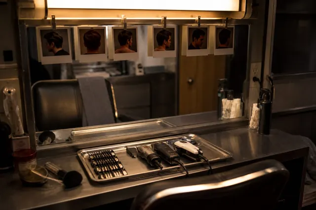 A film-set makeup trailer with continuity photographs above an empty chair.