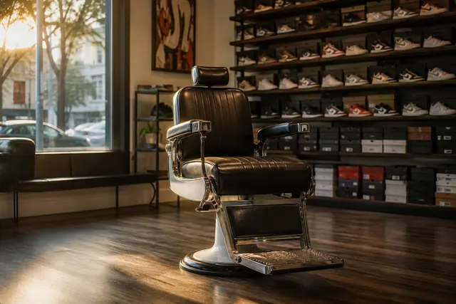 A single barber chair set among sneaker shelves in a downtown shop.