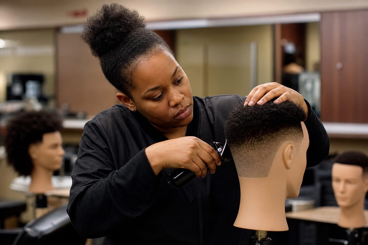 Illustrative scene: a student practices a fade on a mannequin in class.