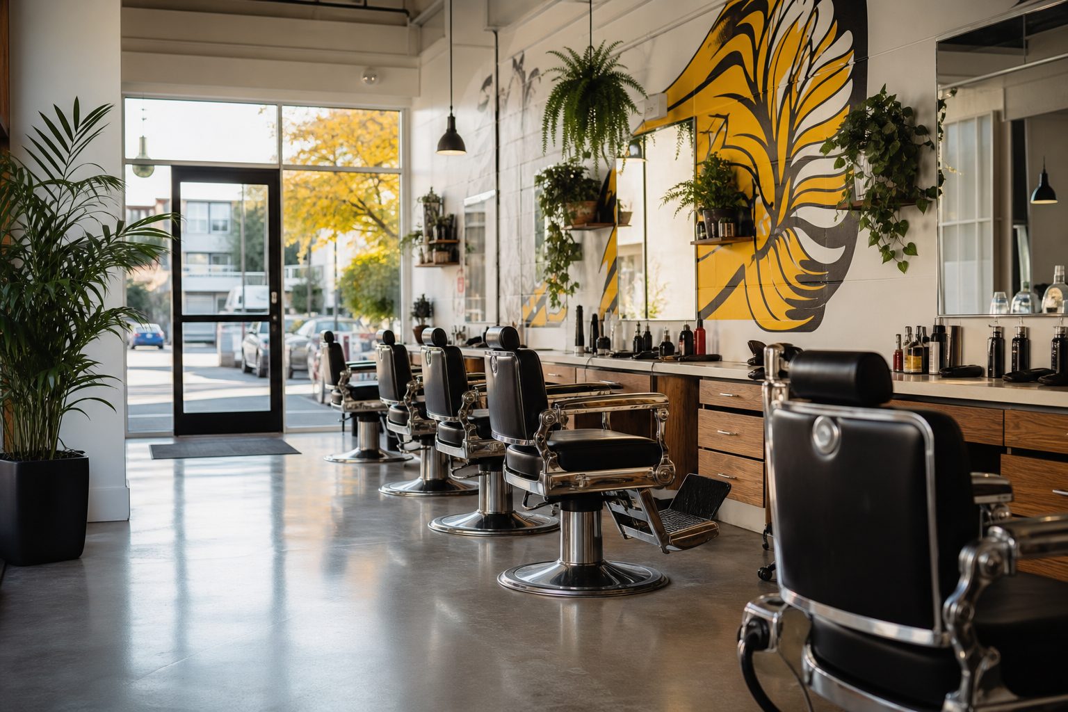 An empty House shop with white walls and a yellow mural in late-day light.