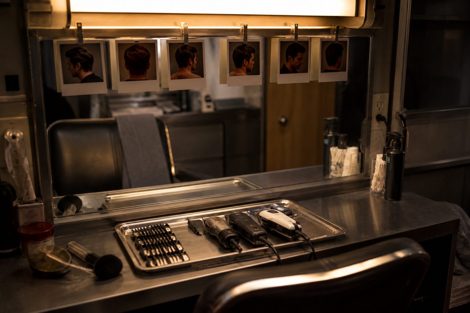 A film-set makeup trailer with continuity photographs above an empty chair.