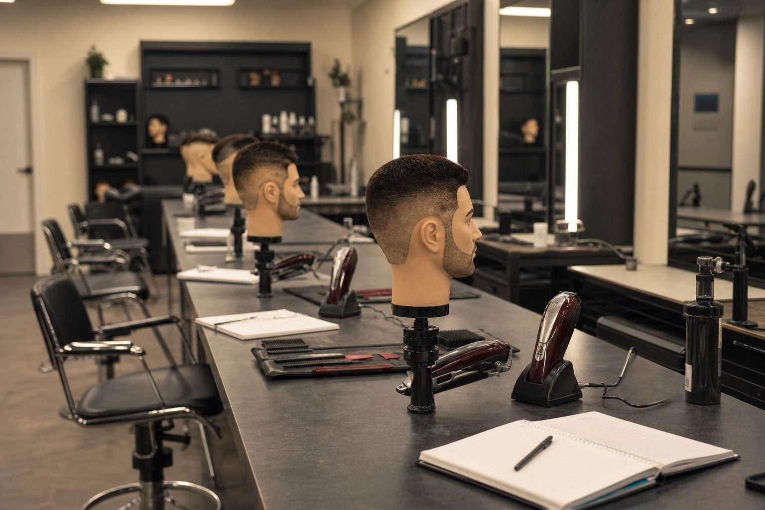 A barber academy classroom with mannequin heads lined along empty stations.