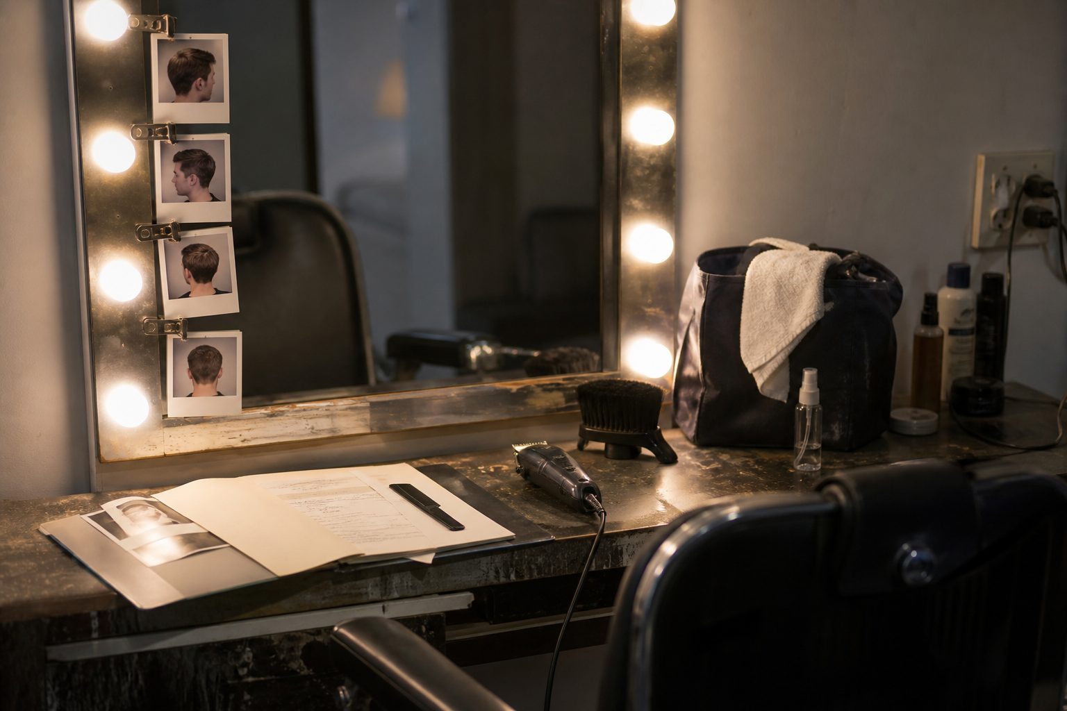 Illustrative scene: continuity photographs and clippers beside an empty prep chair.