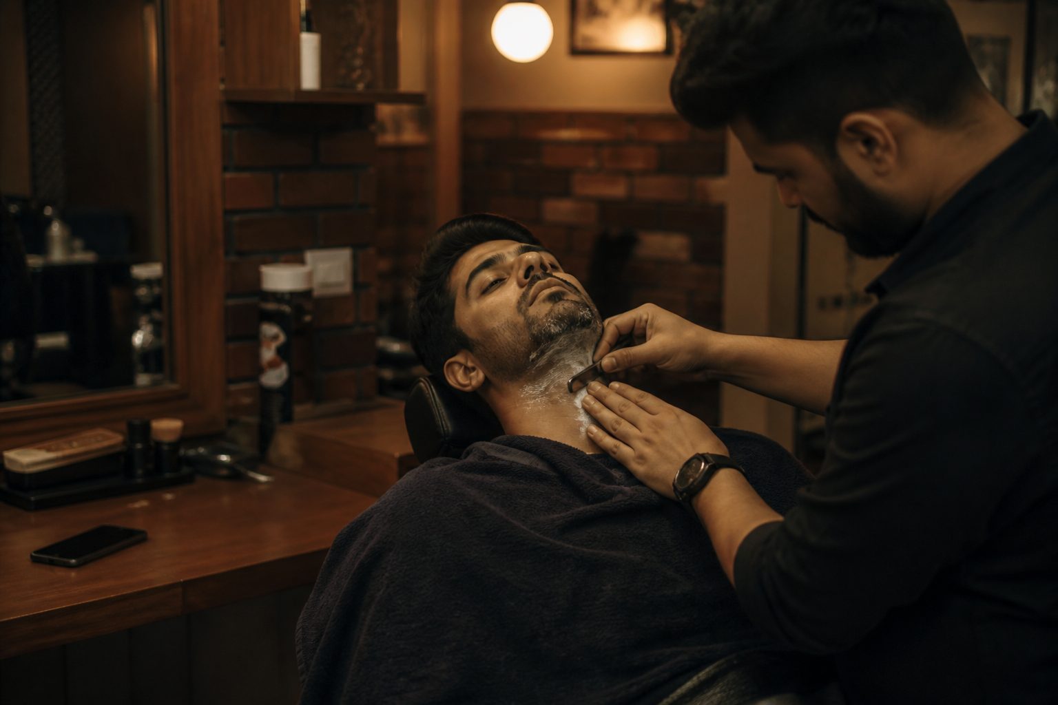 Illustrative scene: a barber finishes facial grooming while a phone rests on the station.