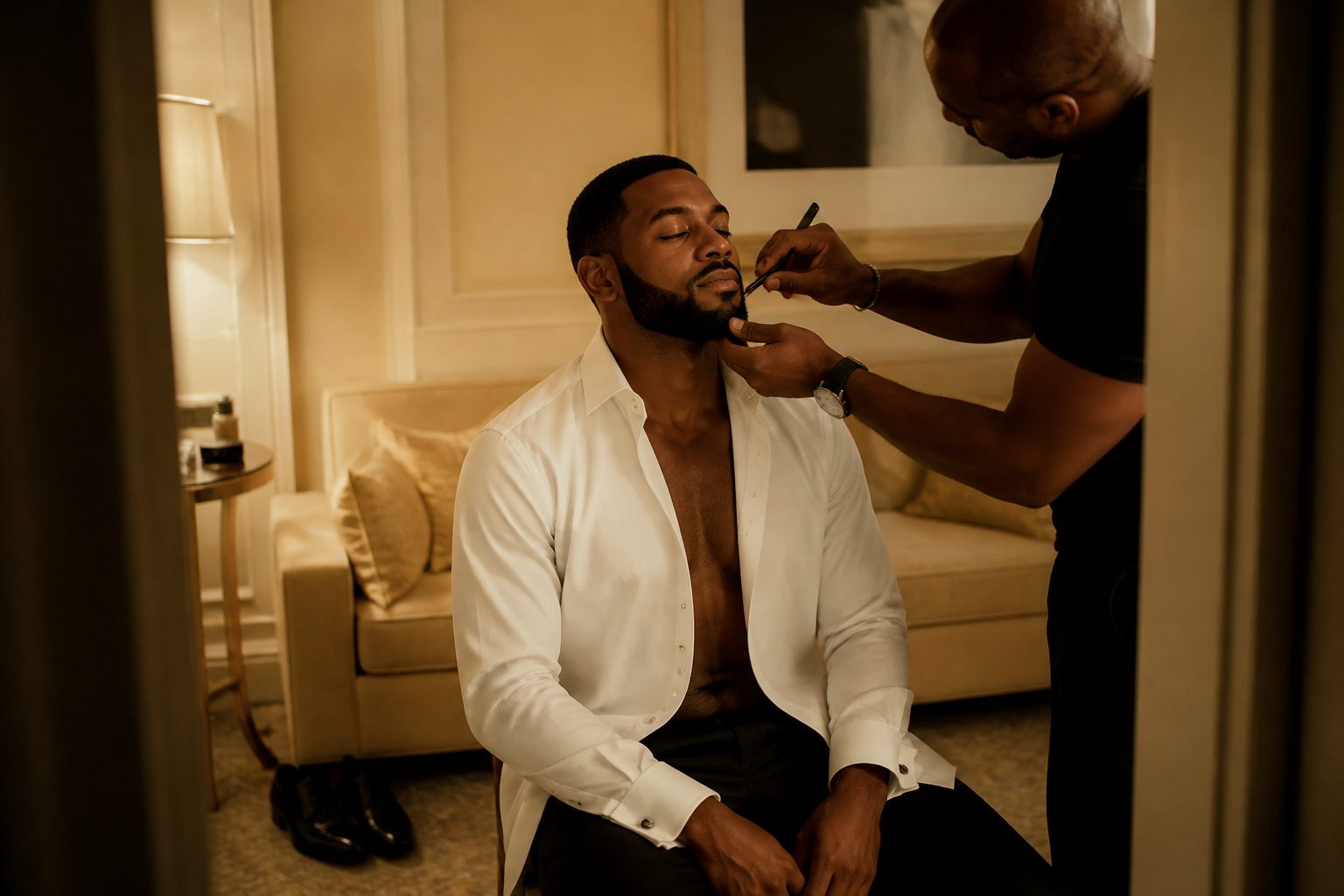 Illustrative scene: a man in an open dress shirt receives a precise beard lineup.