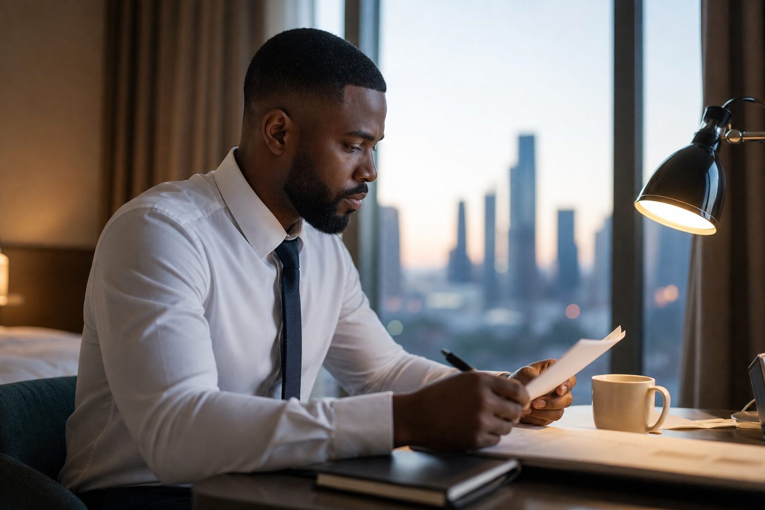 Illustrative scene: a man reviews notes at a hotel desk at dawn after grooming.